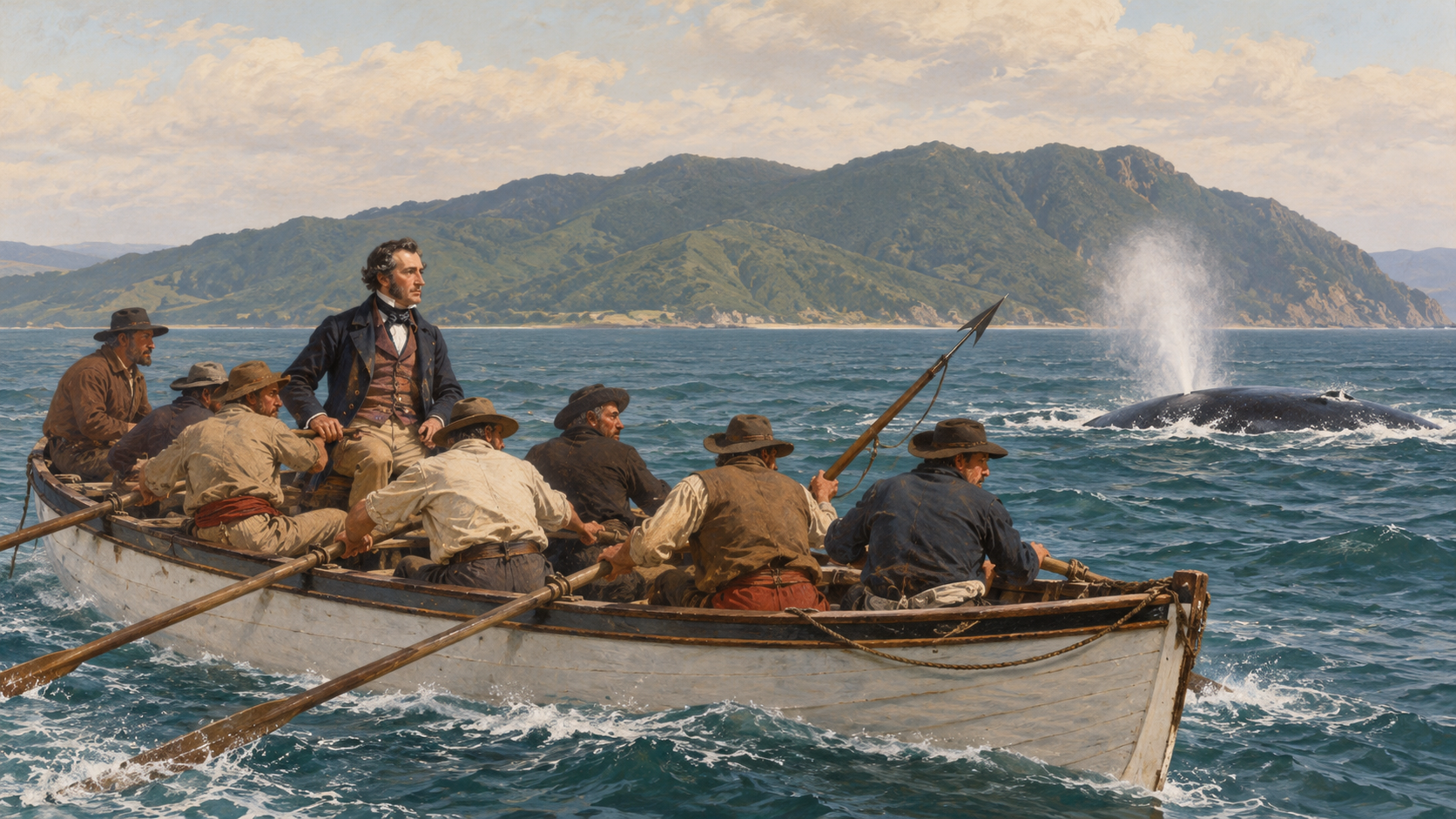 Modern historical interpretation of Wakefield aboard a nineteenth-century whaleboat near Kāpiti Island